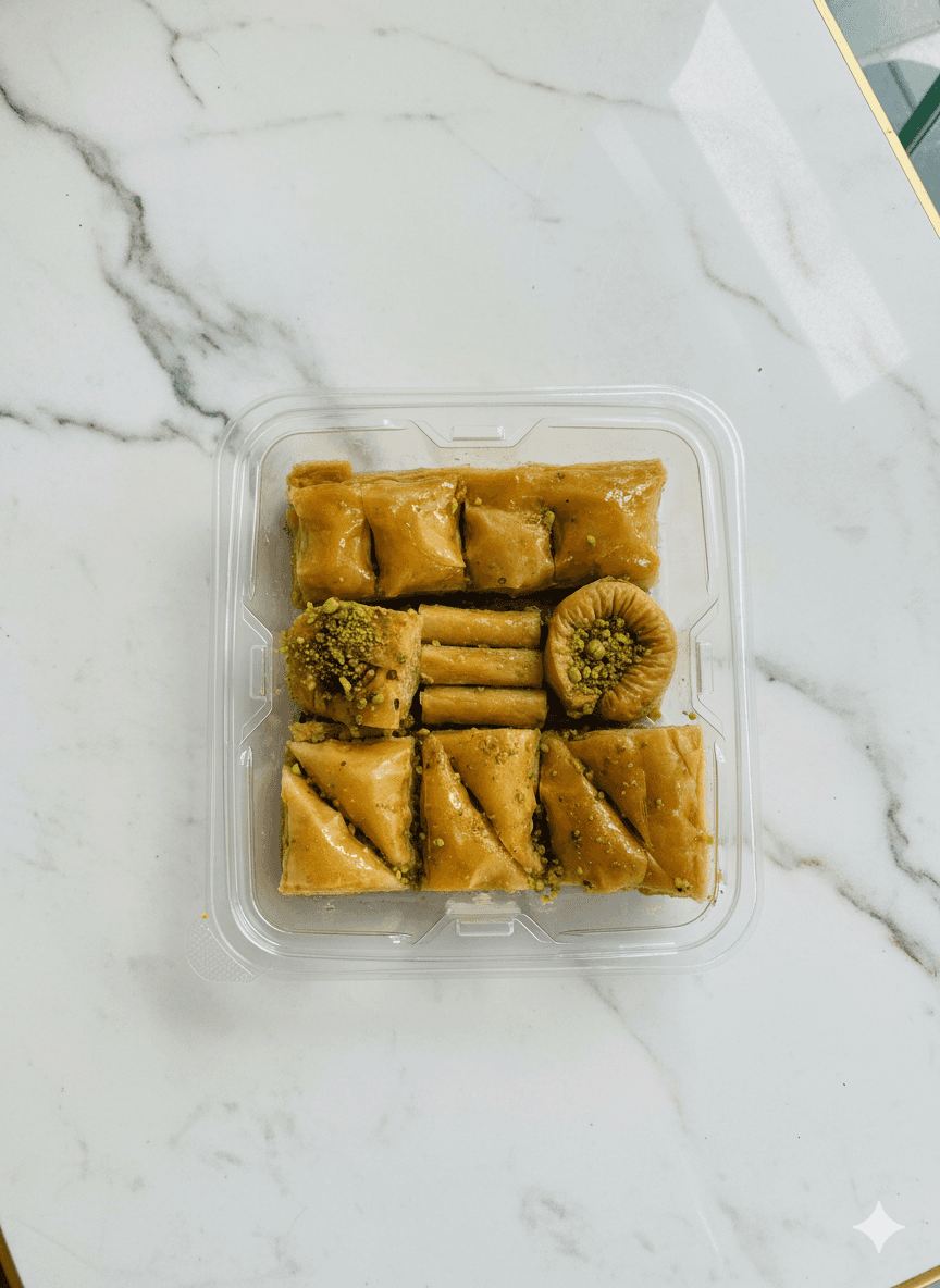 A mixed baklava box with pistachio topped pieces