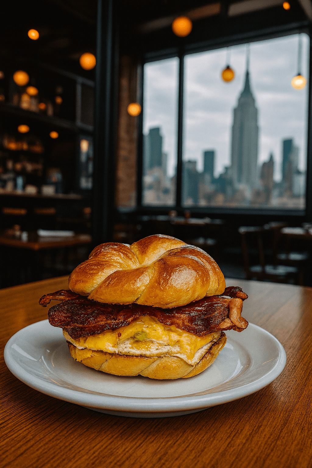 Bacon, egg and cheese on a roll with the New York skyline behind it