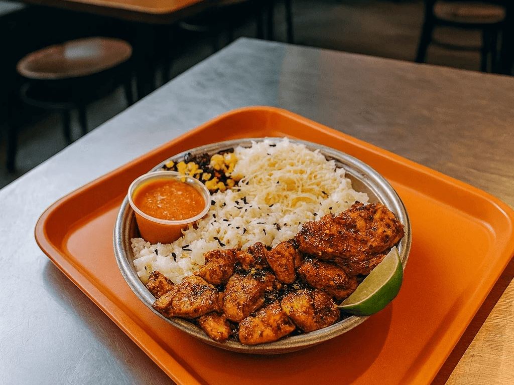 Chicken over rice with basmati, salad and hot sauce on an orange tray