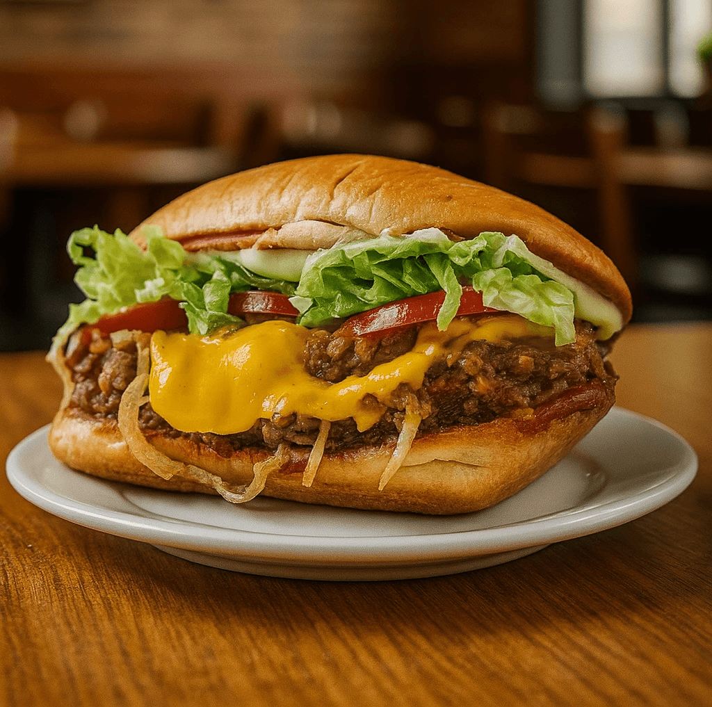 Chopped cheese sandwich with melted American cheese, lettuce and tomato