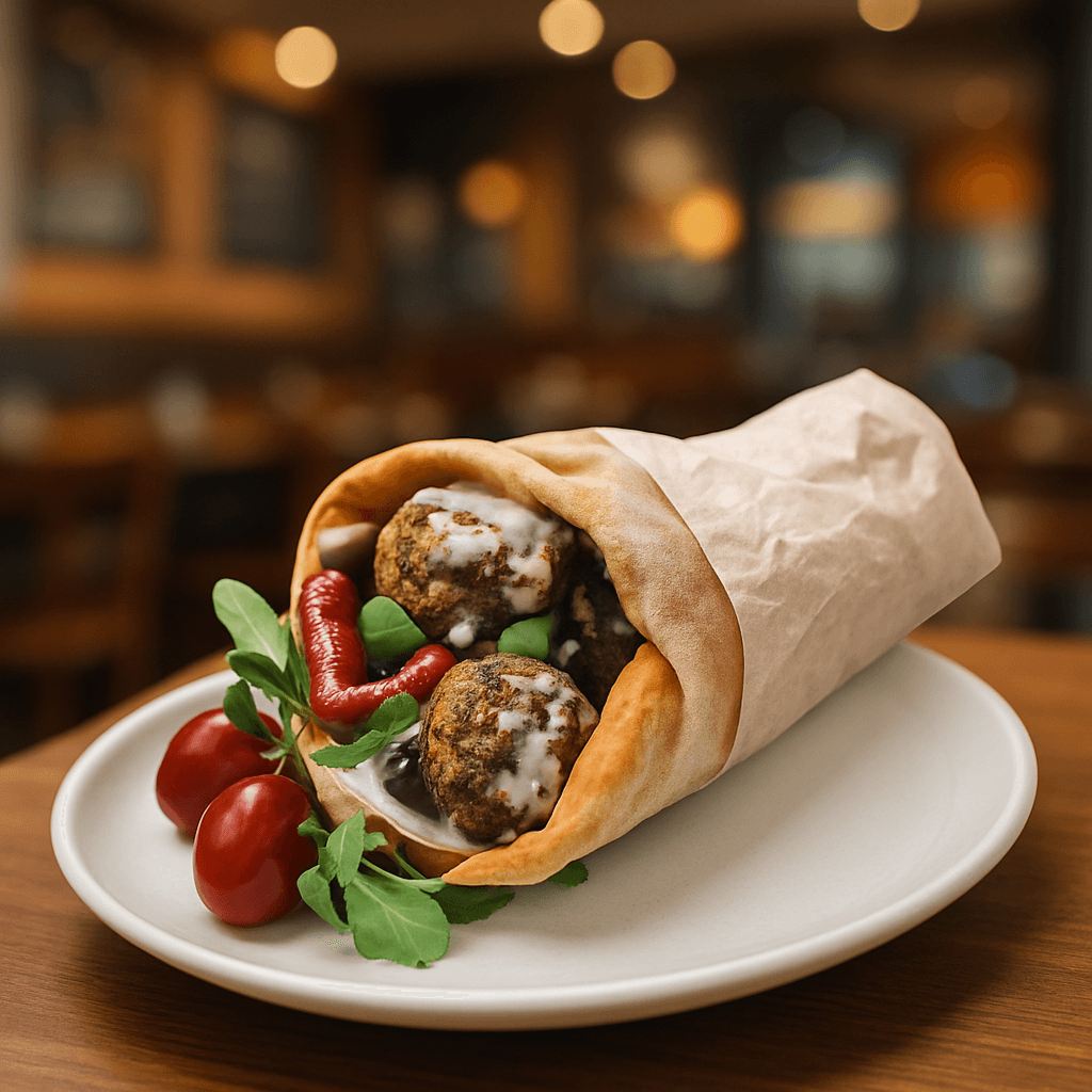 Falafel wrapped in pita with white sauce and greens