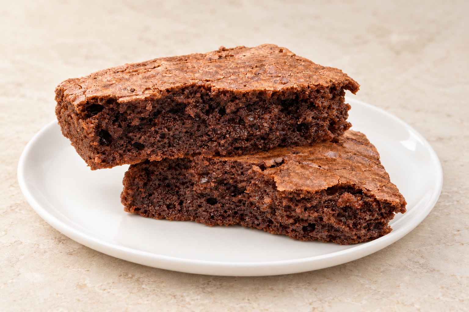 Two pieces of fudge brownie stacked on a white plate