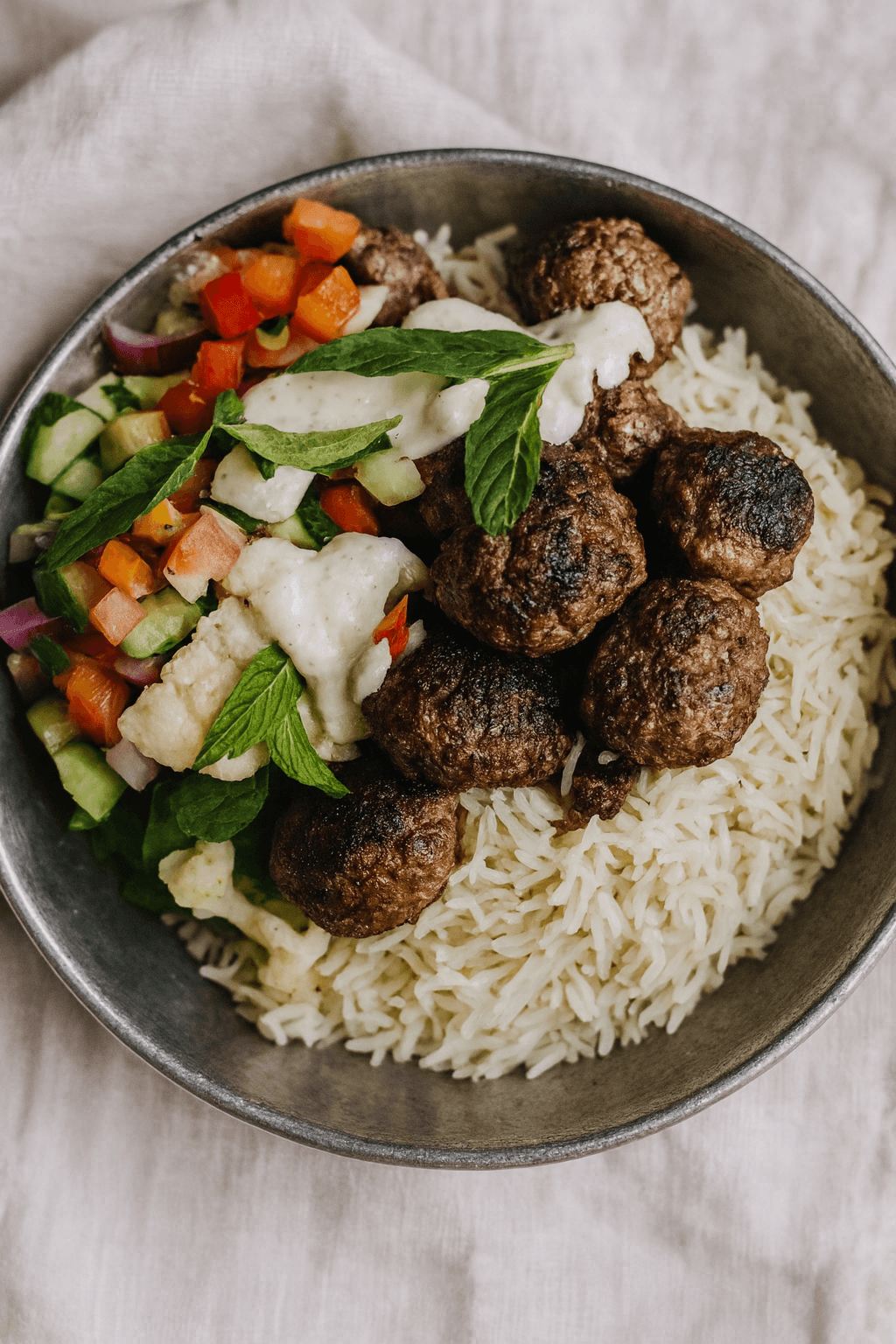 Lamb over basmati rice with chopped salad, mint and white sauce