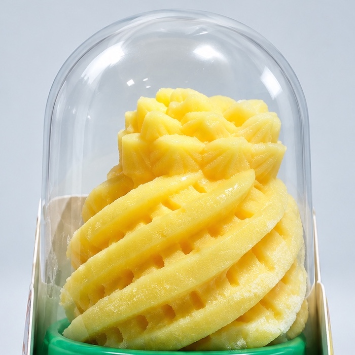 Golden pineapple shaped frozen treat inside a clear dome cup