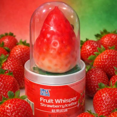 Strawberry shaped ice cream bar in a clear dome cup, surrounded by fresh strawberries